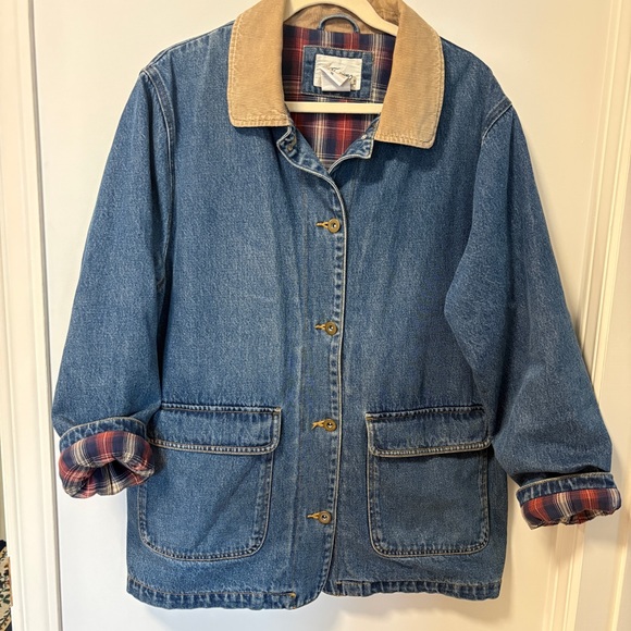 Vintage Jackets & Blazers - Vintage Blue Denim Chore Jacket Sz 16 Flannel Blanket Lined Coat Corduroy Collar